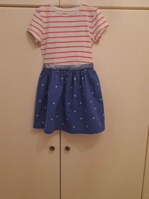 Mothercare dress used, red and white striped bust with light blue star skirt, size 5-6 years