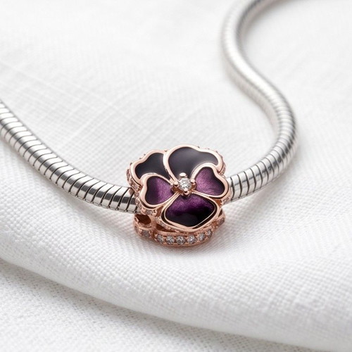 Pandora Deep Purple Pansy Flower Charm new with 14K rose gold and cubic zirconia