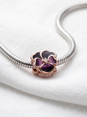 Pandora Deep Purple Pansy Flower Charm new with 14K rose gold and cubic zirconia