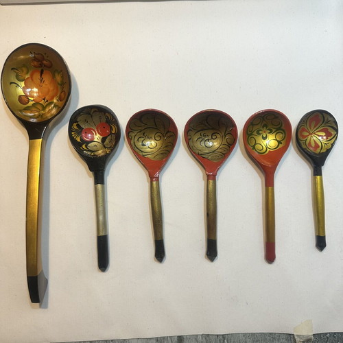 Vintage Russian Khokhloma wooden spoons set of 6