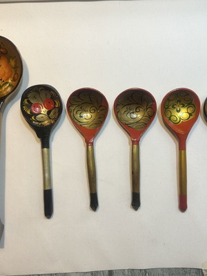 Vintage Russian Khokhloma wooden spoons set of 6