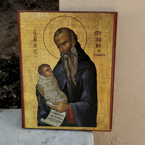 Βυζαντινή εικόνα Αγίου Συμεών του Θεοδόχου με το Θείο Βρέφος, ξύλινη βάση