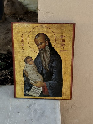 Βυζαντινή εικόνα Αγίου Συμεών του Θεοδόχου με το Θείο Βρέφος, ξύλινη βάση