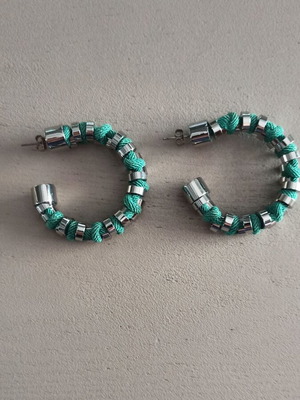 Karl Lagerfeld earrings new with turquoise cord, 5 cm diameter