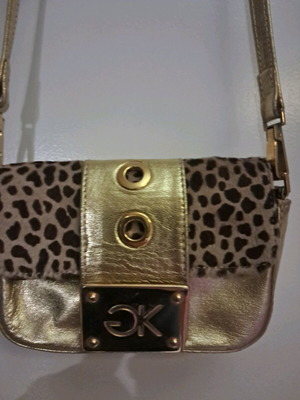 Vintage crossbody bag used with pony skin, gold color