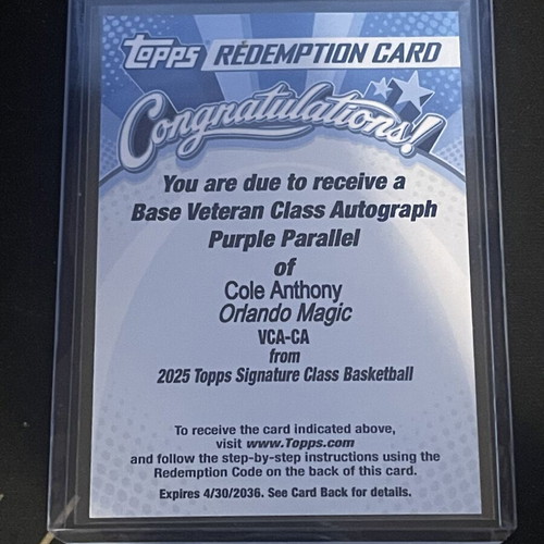Cole Anthony Base Veteran Class Autograph Purple Parallel Topps Redemption Card