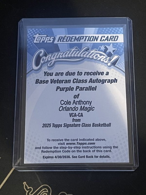 Cole Anthony Base Veteran Class Autograph Purple Parallel Topps Redemption Card