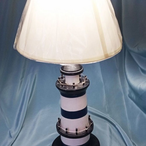 Wooden table lamp lighthouse with new lampshade and LED bulb like new