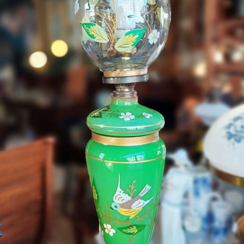 Vintage table lamp with green opaline base and floral bird motifs
