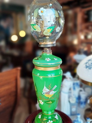 Vintage table lamp with green opaline base and floral bird motifs