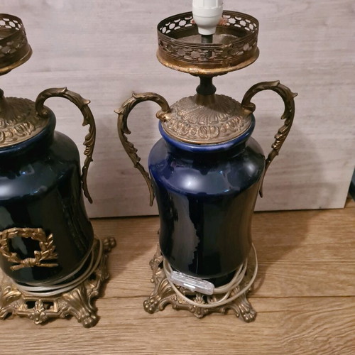French table lamps pair used, porcelain and brass dark blue