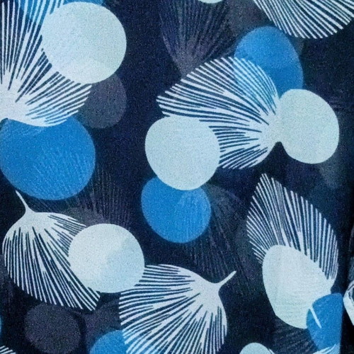Bonprix chiffon tunic blue with turquoise and blue circles and feathers, size 44/46