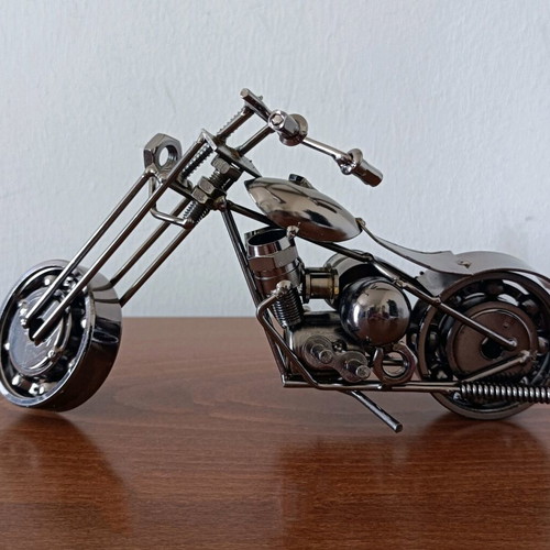 Handmade metal chopper motorcycle with new tabletop clock