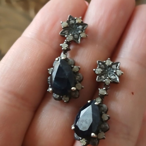 Earrings with genuine diamonds and sapphires, 925 silver and 9k gold, no clasp