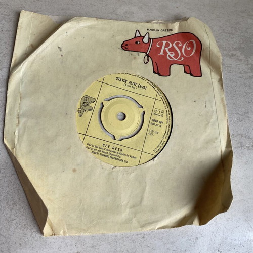 Bee Gees Stayin' Alive 45rpm vinyl single used, Greek 1978 RSO