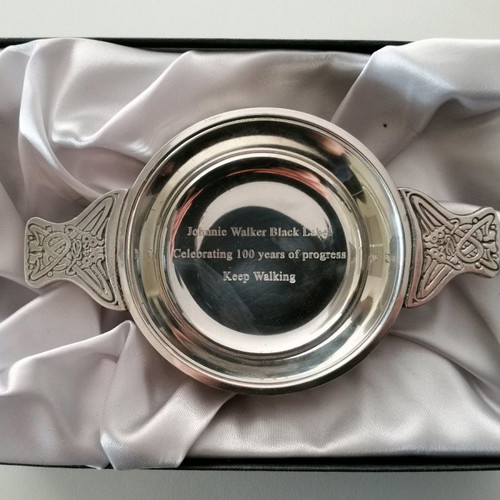 Vintage Scotland Quaich metal bowl used with Celtic engravings