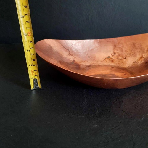 Vintage 1970s copper set, wall plate with roses and oval fruit bowl