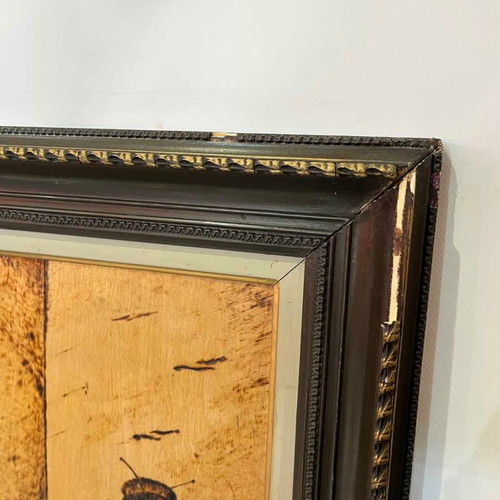 Vintage pyrography wall art with Chinese wedding scene, artist signed, 70x114
