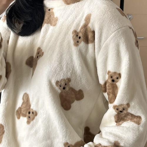 Teddy bear pajama loungewear set, size M, white and brown