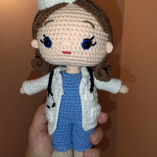 Crochet doctor doll handmade with stethoscope and medical apron