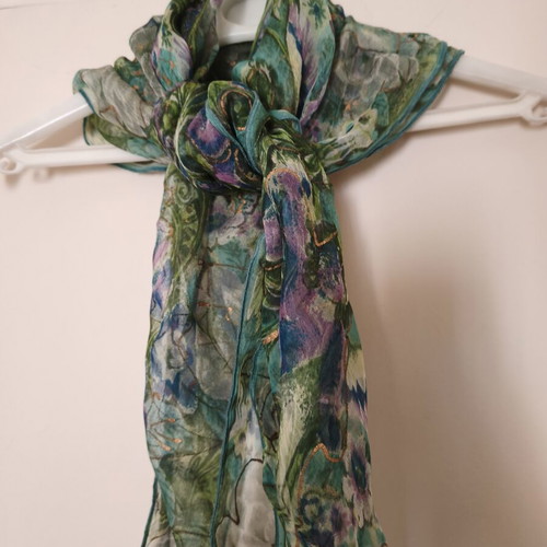 Women's square scarf like new, green chiffon with metallic foil printing