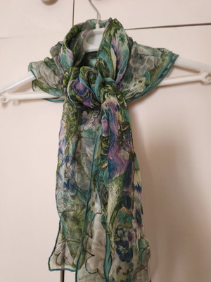 Women's square scarf like new, green chiffon with metallic foil printing