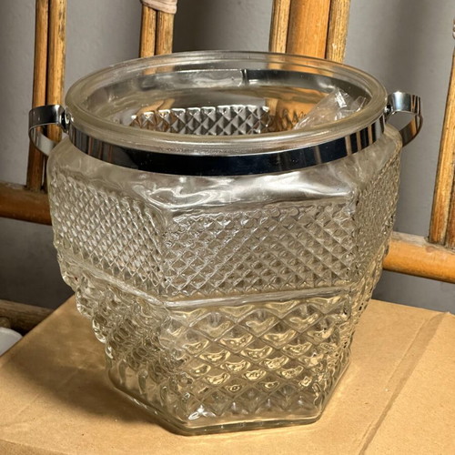 Glass ice bucket used with silver rack and engraved design