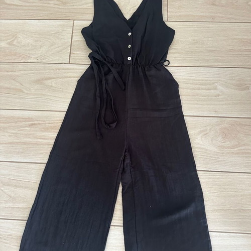 Black sleeveless jumpsuit with belt and pockets, M