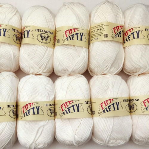 Fifty Fifty knitting yarn set of 10, Petalouda, wool acrylic blend 50/50, off white