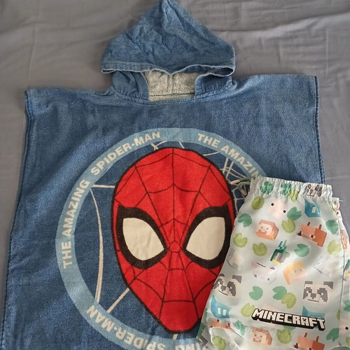 Minecraft swim shorts and Spiderman hooded towel, Zara