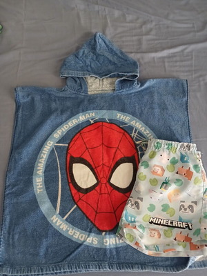 Minecraft swim shorts and Spiderman hooded towel, Zara