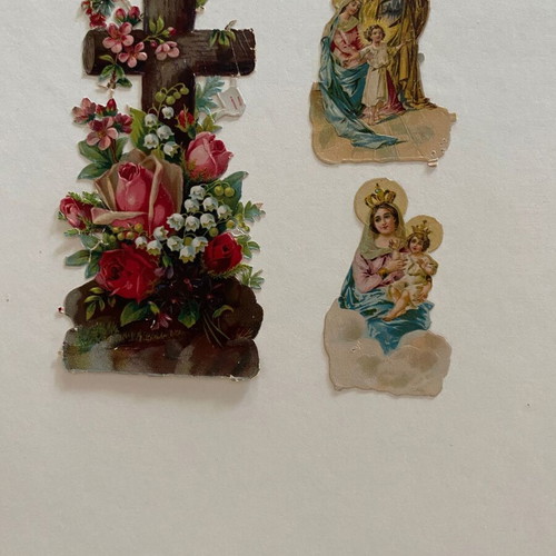 Vintage religious die-cut scraps, Holy Family and Cross