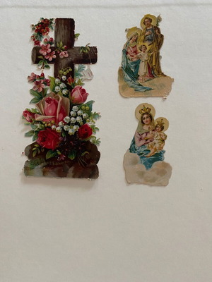 Vintage religious die-cut scraps, Holy Family and Cross
