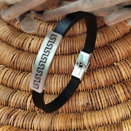 Men's leather bracelet with stainless steel meander new with tags
