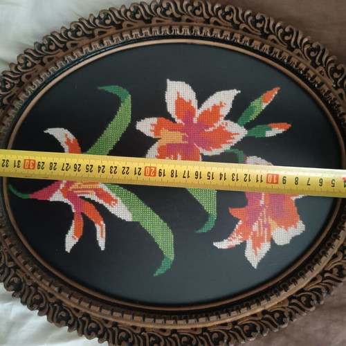 Vintage handmade cross-stitch frame with flowers used, 30×36 cm