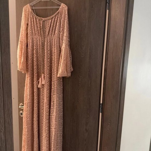 Pink lace dress with bell sleeves, lined
