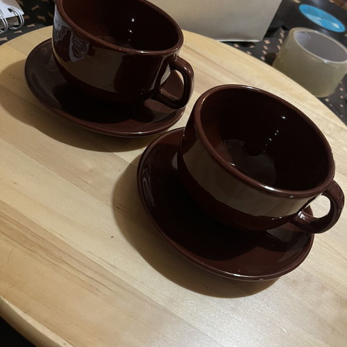 Coffee cups with saucers used, set of 2, brown color