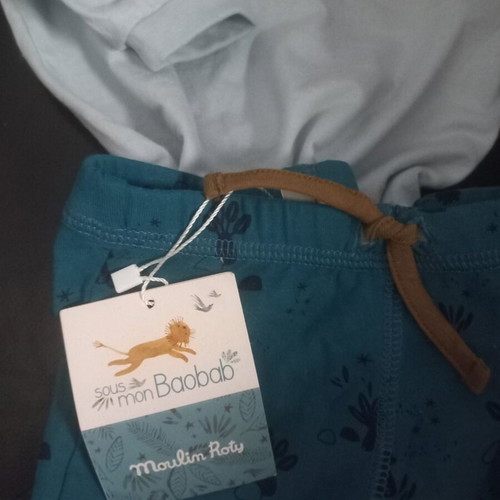 Premaman baby set with 2 organic cotton pants and blue cotton shirt, 6 months