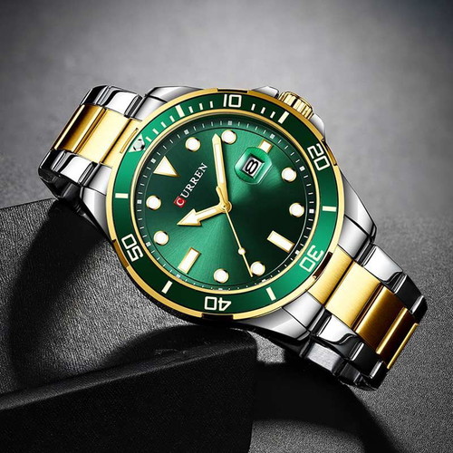 Curren men's watch with battery, green dial, silver/gold bracelet