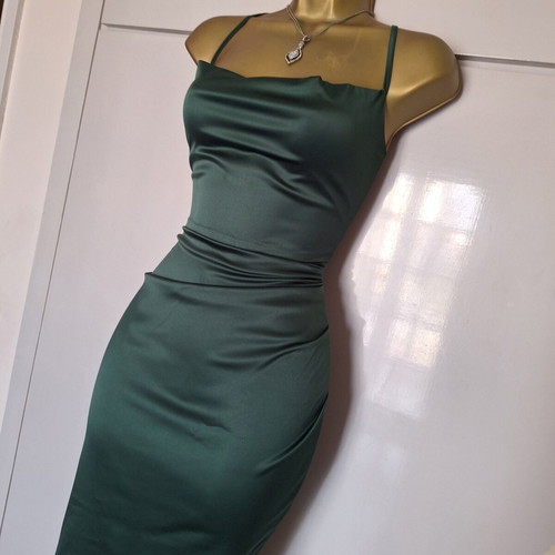 Green satin dress with cross back and slit, size medium