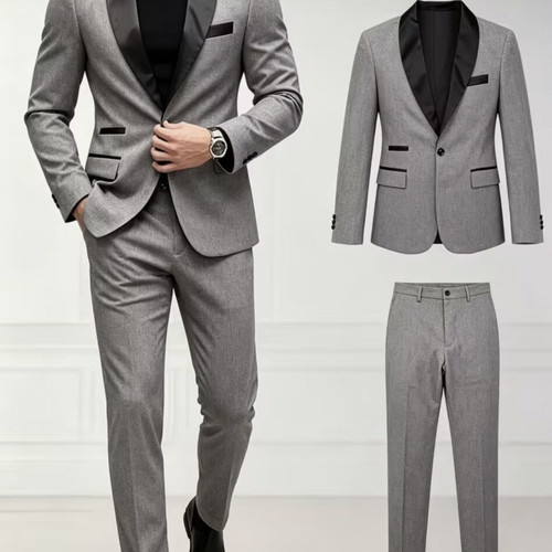 Light Grey Tuxedo Suit Set with Black Satin Shawl Collar, Size L