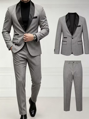 Light Grey Tuxedo Suit Set with Black Satin Shawl Collar, Size L