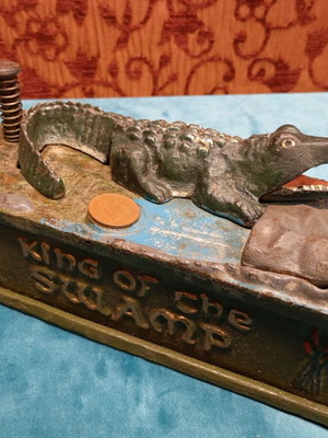 Antique cast iron King of the Swamp Alligator coin bank used