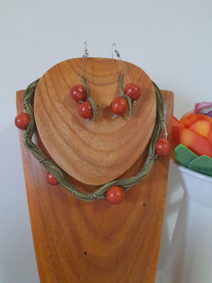 Handmade necklace and earrings set used, steel, suede leather, coral