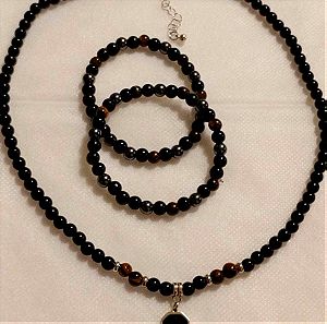 Σετ ανδρικό κολιέ με φυσική πετρα και 2 ασορτί βραχιόλια/tiger stone beaded necklace