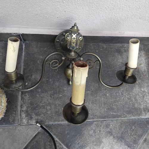 Vintage brass wall lights pair, three-light Amsterdam XXX design, used
