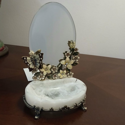 Brass jewelry box with mirror and enamel floral butterfly design