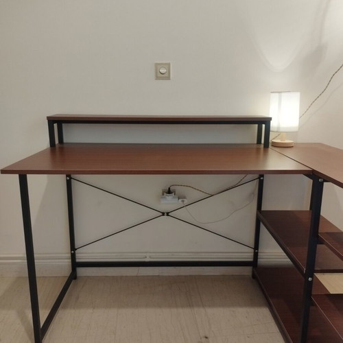 Corner desk with open shelves, walnut color, MDF and black metal frame