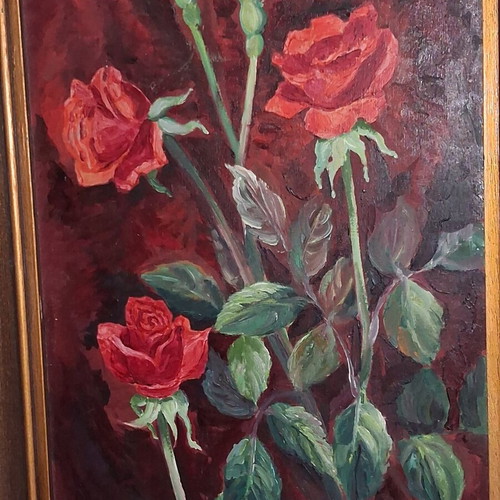 Victoria Caradja Signed Oil Painting on Wood Roses