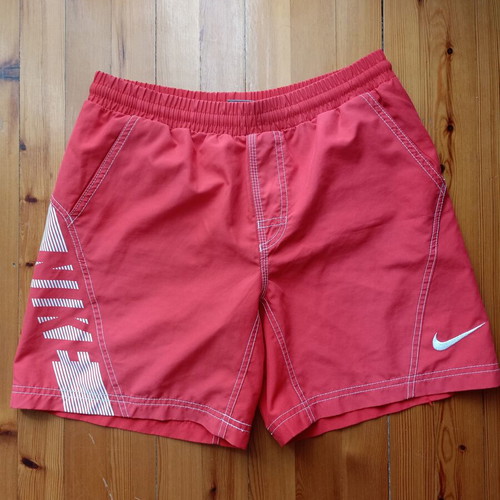 Nike men's swim shorts used, size L fits XS-S, red and white